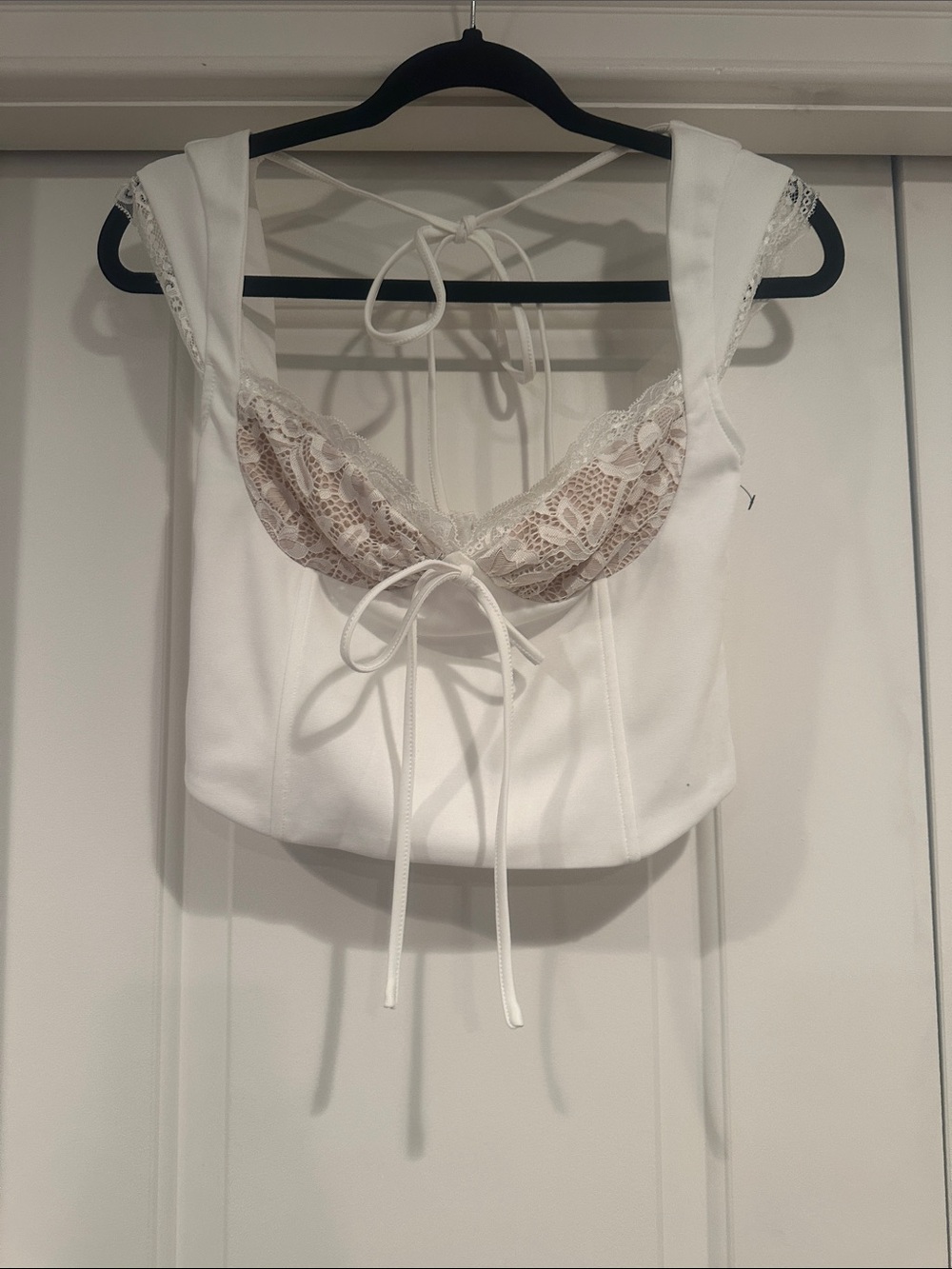 White Crop Bustier Top with Beige Lace Cups